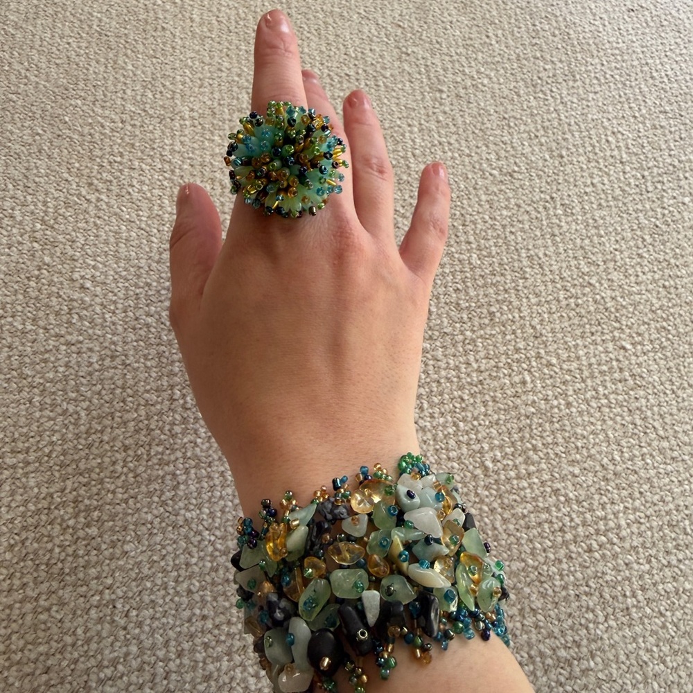 Green Beaded Bracelet & Ring Set